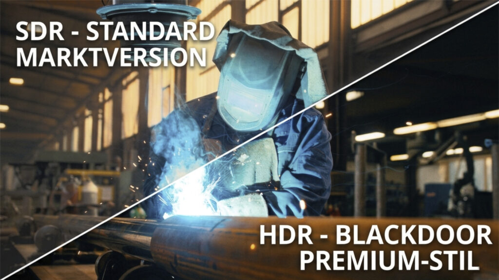 Visualisierter Unterschied zwischen SDR und HDR Video in der Videoproduktion Saarland: Vorher-Nachher-Vergleich eines Schweißers in einer Industriehalle.